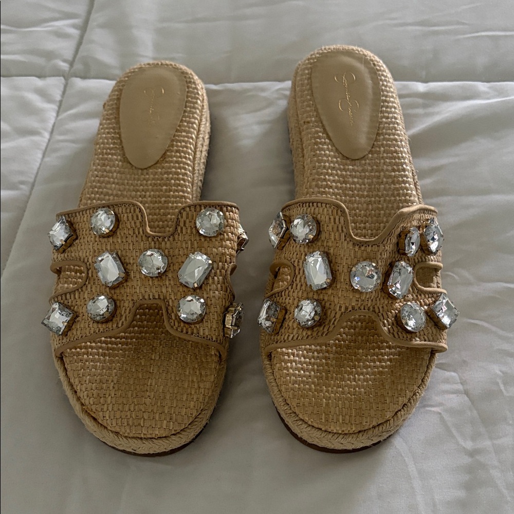 Embellished Woven Slide Sandals in Natural